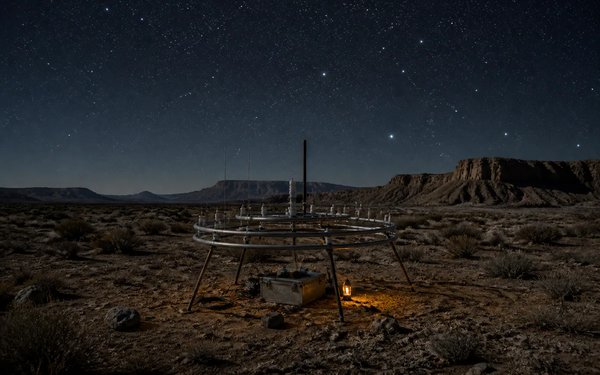 A scientific instrument beneath a clear night sky in a remote desert