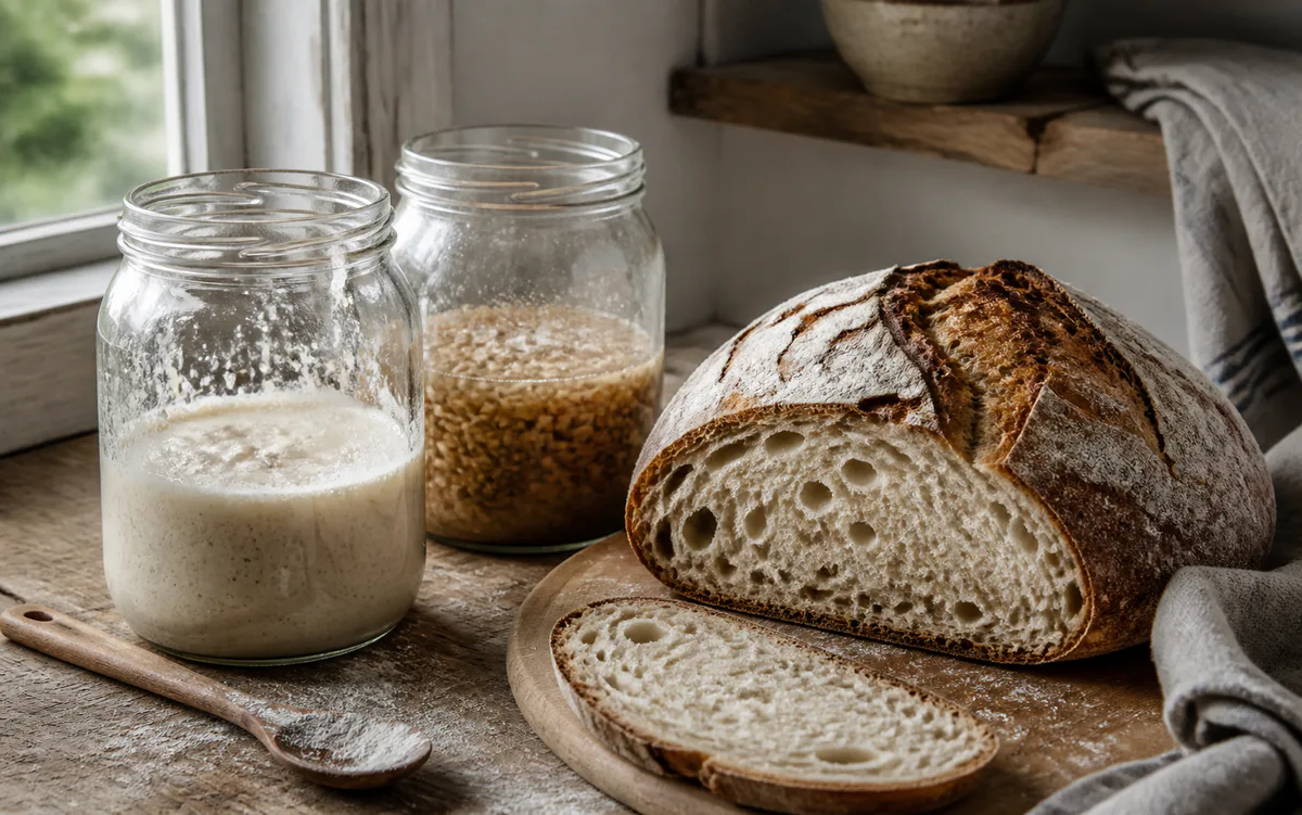 A loaf of bread beside glass jars of fermenting vegetables