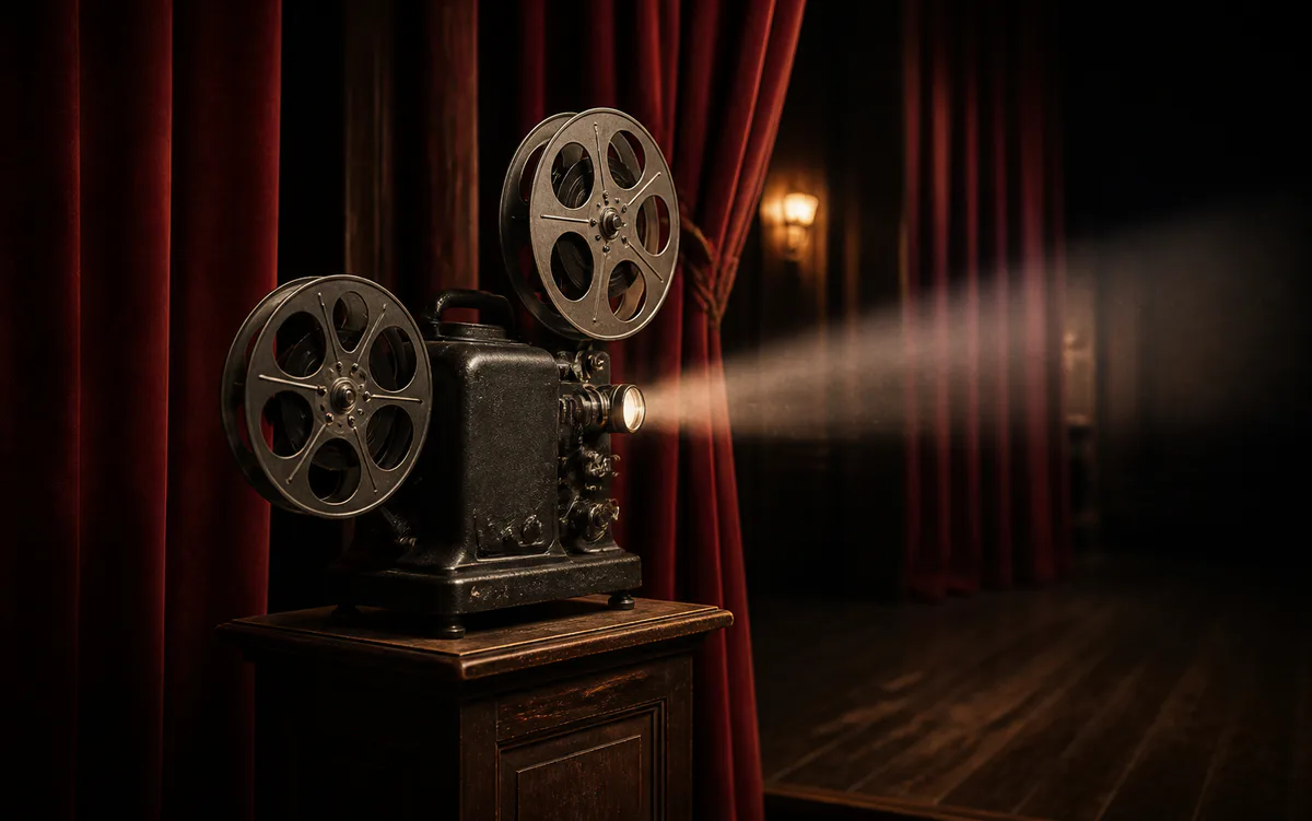 A vintage projector casting warm light toward a red cinema curtain