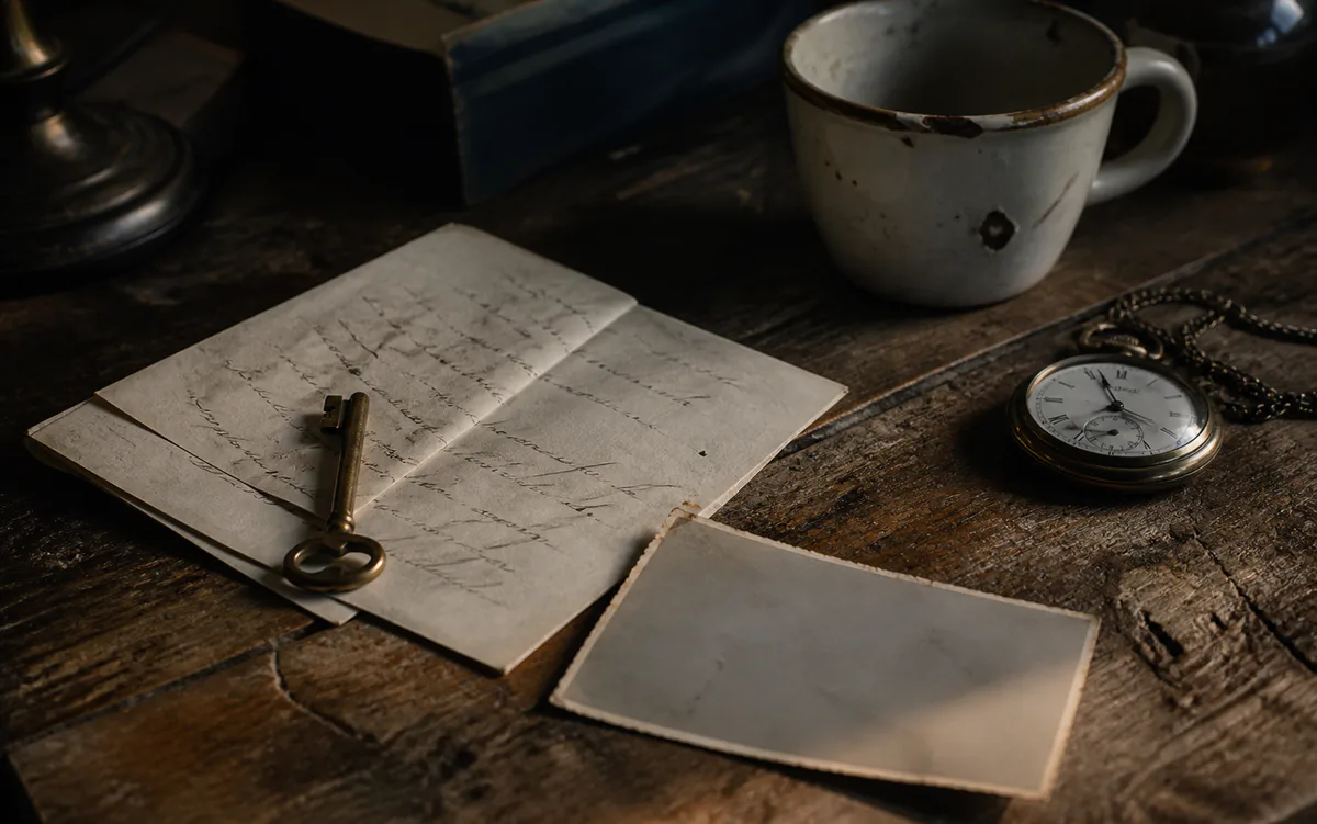 Small cinematic props arranged on a dark wooden table
