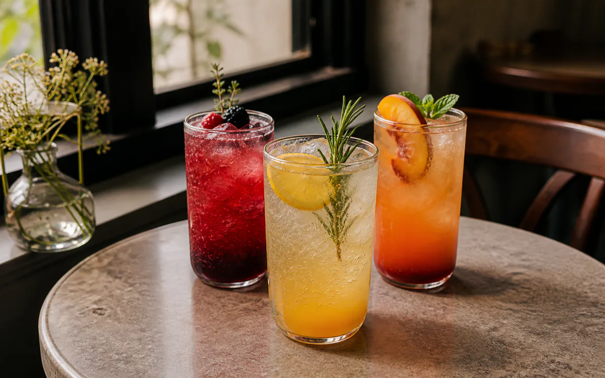 Colorful fruit sodas with citrus and herbs on a cafe table