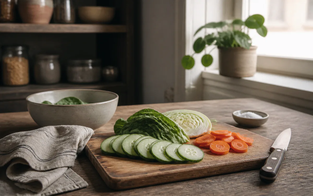 Fresh ingredients and simple tools arranged for cooking on a kitchen table