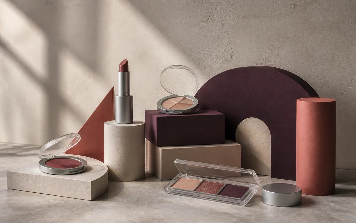 Geometric makeup packaging arranged on a clean studio surface