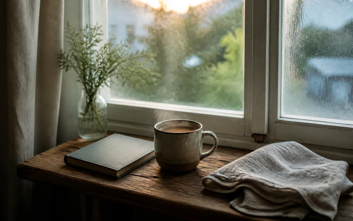 Soft morning light falling across a calm room and a cup of coffee