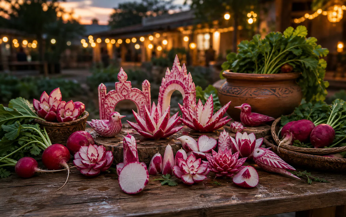 Colorful carved radishes arranged as a festive market display