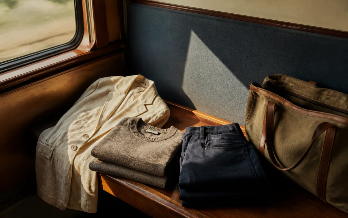 Textured travel clothes folded beside a small weekender bag